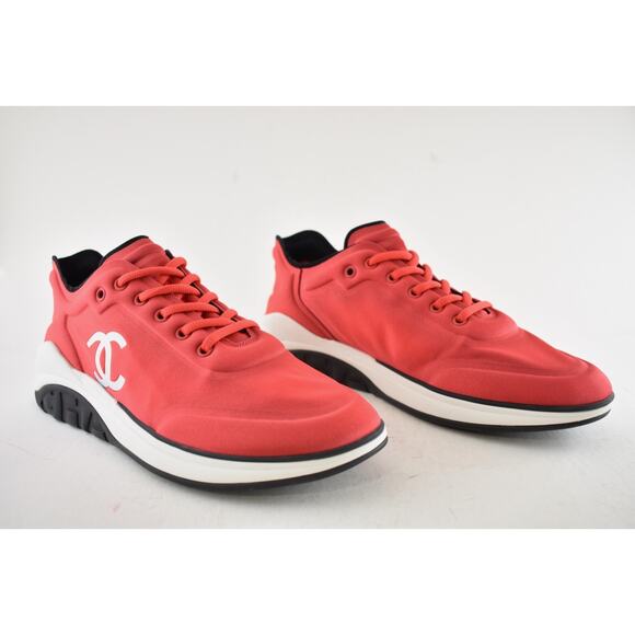 Chanel Mens 19P Red Lycra White Black CC Logo Lace Low Top Trainer Sneaker 44 11 - Picture 3 of 12